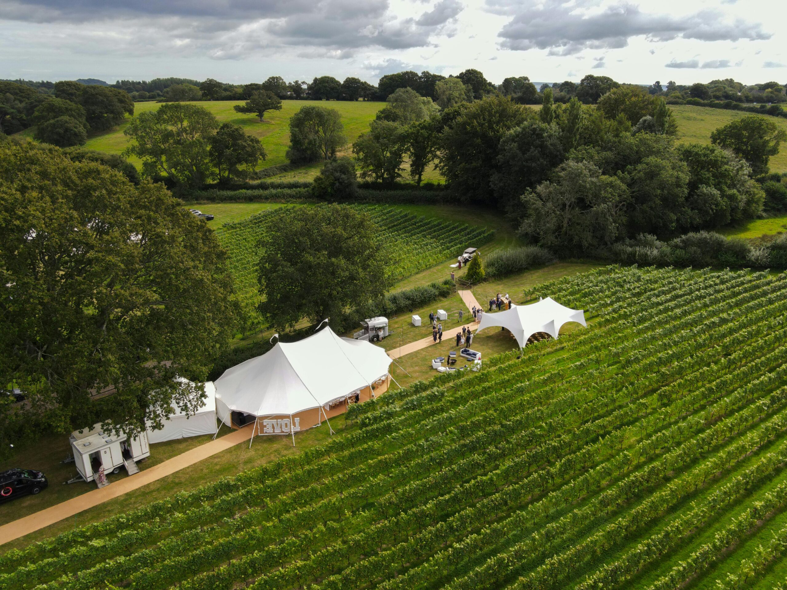 Aerial view of wedding venue in vineyard